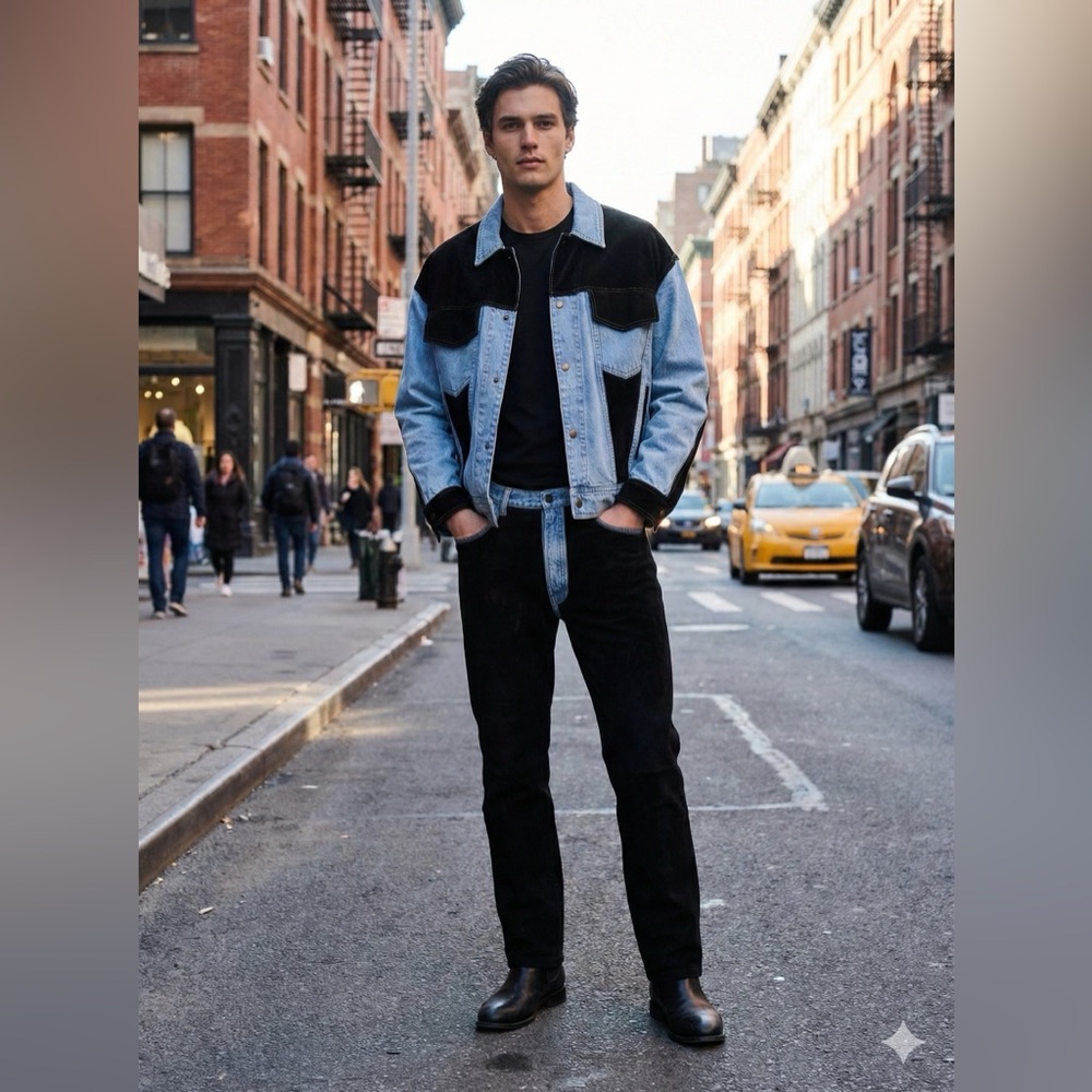 Bagazio Men's Denim and Black Suede Jacket and Pants SET